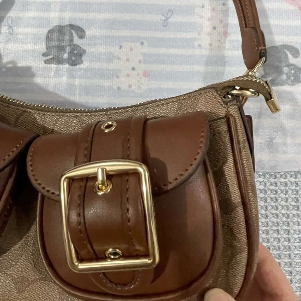 Coach Brown Signature Canvas Shoulder Bag with Double Buckle Pockets